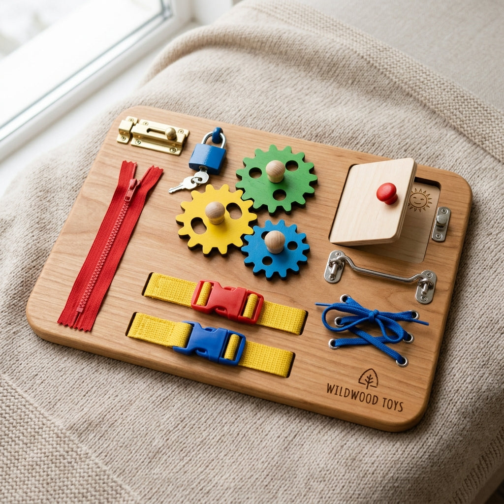 UrbanMama Montessori Wooden Sensory Busy Board for Toddlers